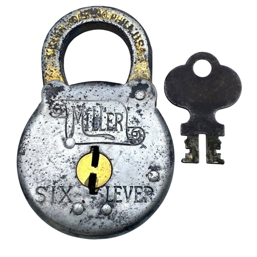 Miller Six Lever Padlock With Key Made In USA Vintage Antique Collectible Lock